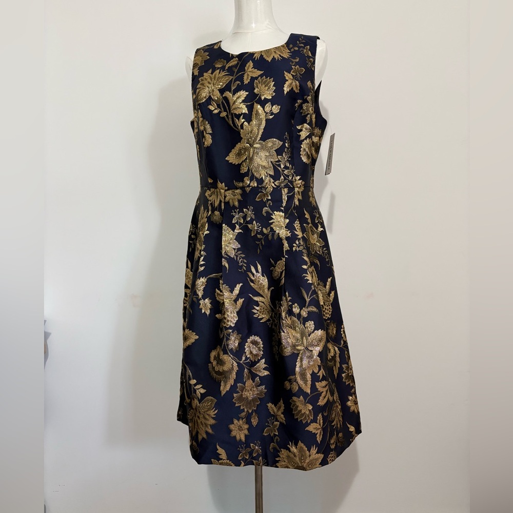 Navy and Gold Floral Midi Dress - Sleeveless Fit & Flare